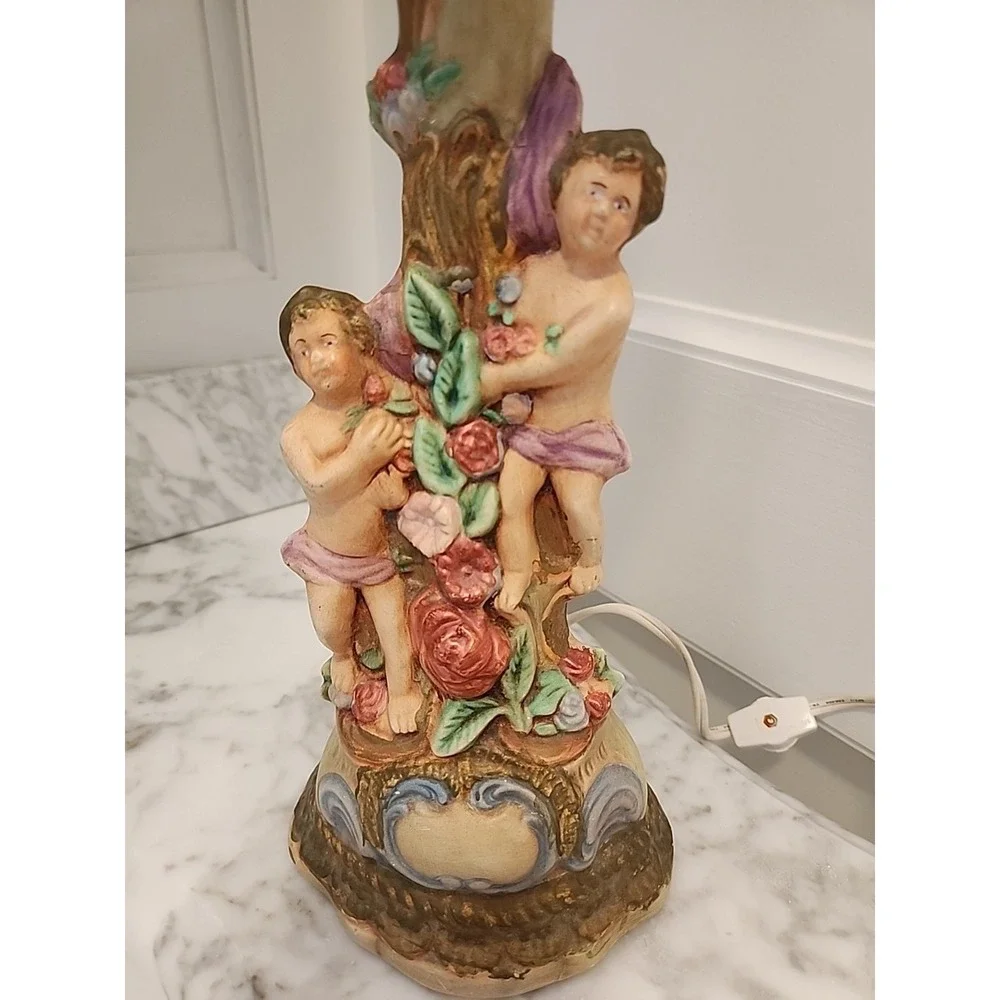 Vtg Capodimonte-style Cherub Candlestick Table Lamp Shade 17